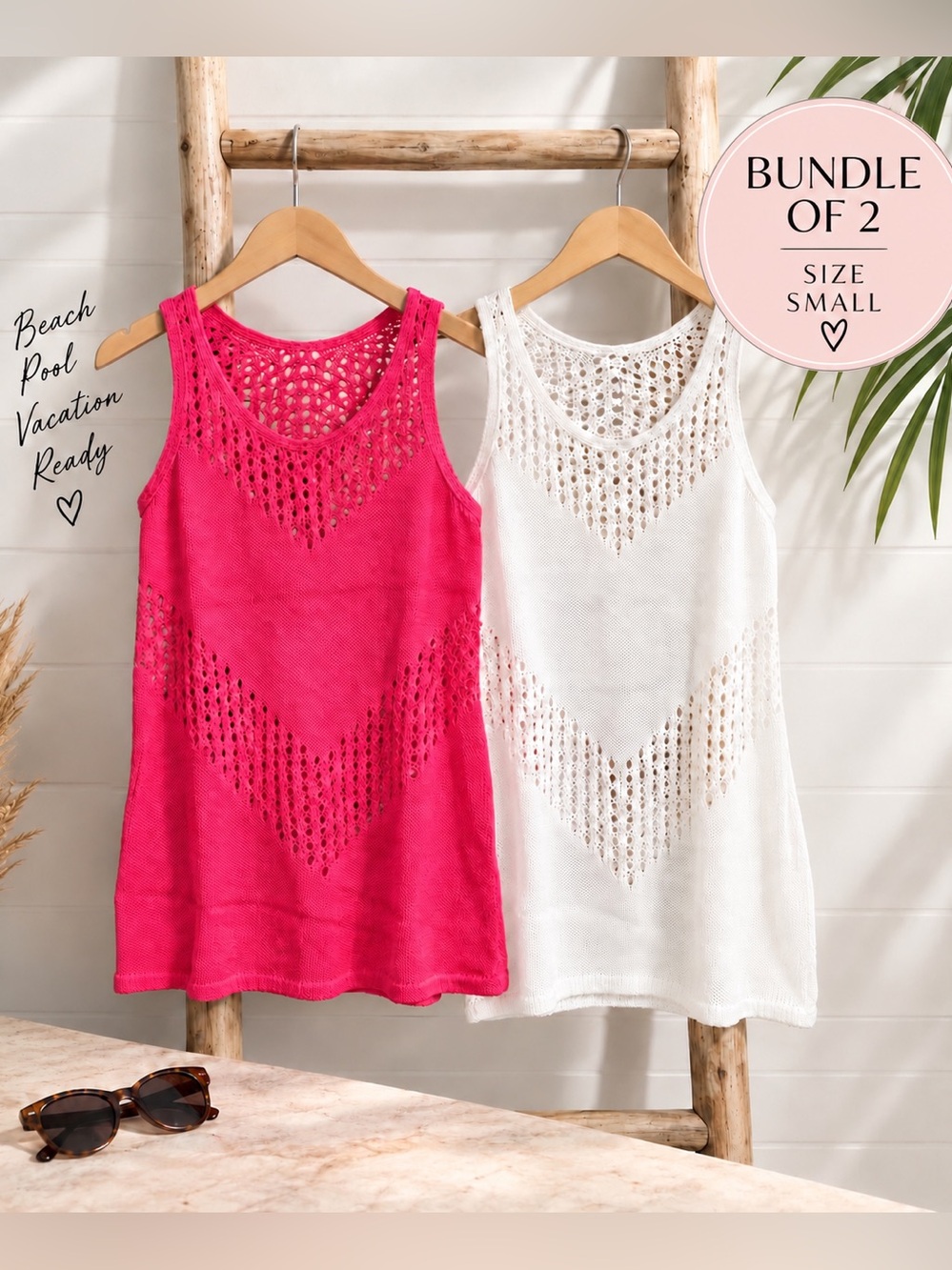 💕 Bundle of 2 Crochet Swim Cover Ups Pink White Size Small NWOT